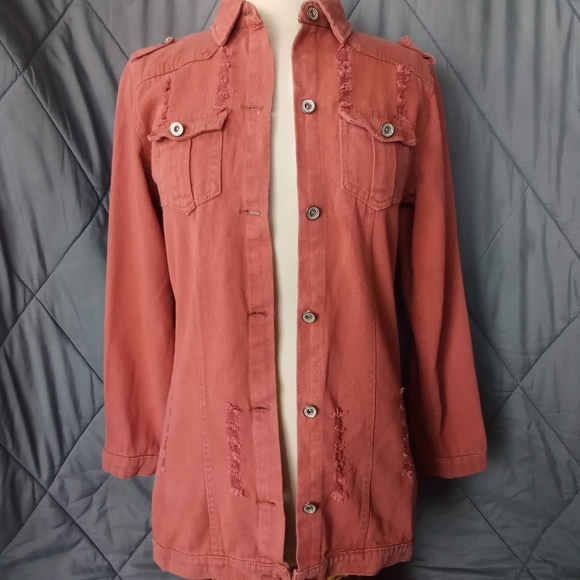 Women's Nadasha Rust Colored Denim Jean Jacket Distressed Button up Collared - Picture 6 of 16
